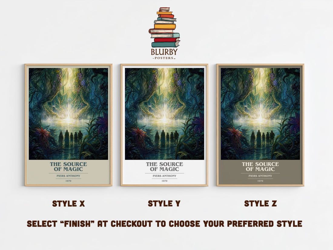 The Source of Magic book cover print in frame leaning in hallway – fantasy wall art (mockup)