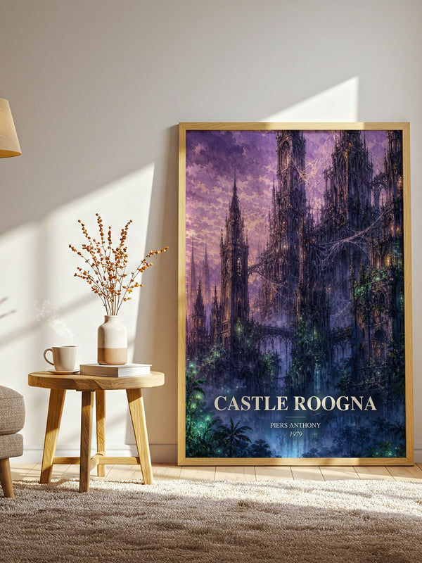 Castle Roogna watercolour print in frame leaning in hallway – fantasy wall art