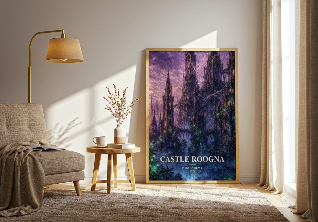 Castle Roogna watercolour print in frame leaning in hallway – fantasy wall art (mockup)