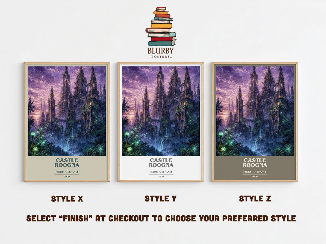 Castle Roogna book cover print in frame leaning in hallway – fantasy wall art (mockup)