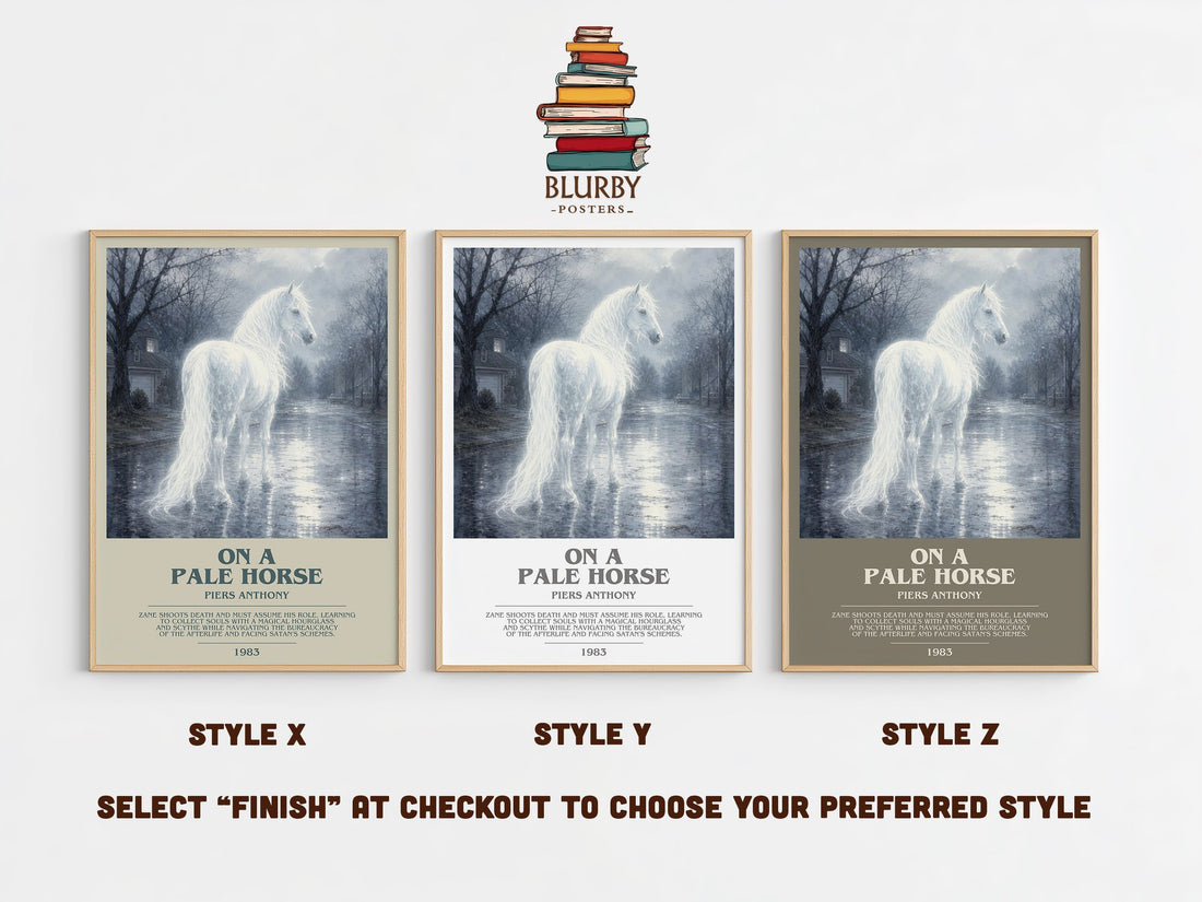 On a Pale Horse bookish print in frame leaning in hallway – fantasy wall art (mockup)