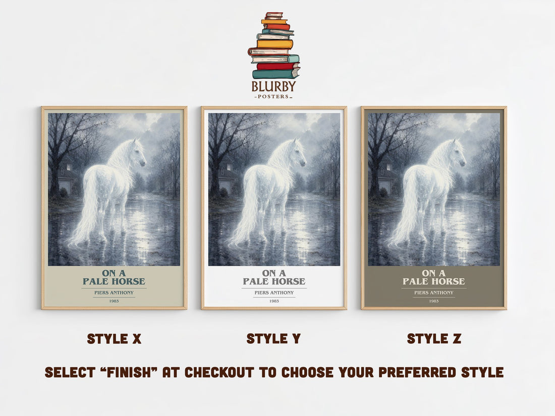 On a Pale Horse book cover print in frame leaning in hallway – fantasy wall art (mockup)