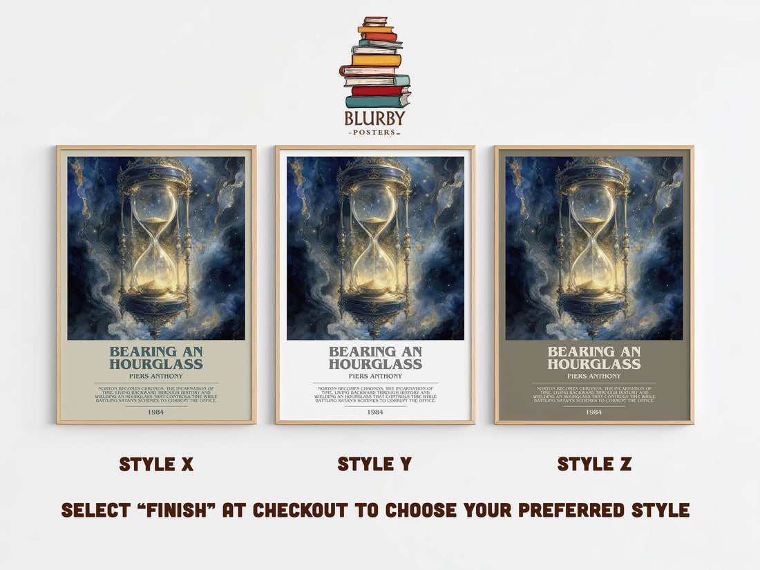 Bearing an Hourglass bookish print in frame leaning in hallway – fantasy wall art (mockup)