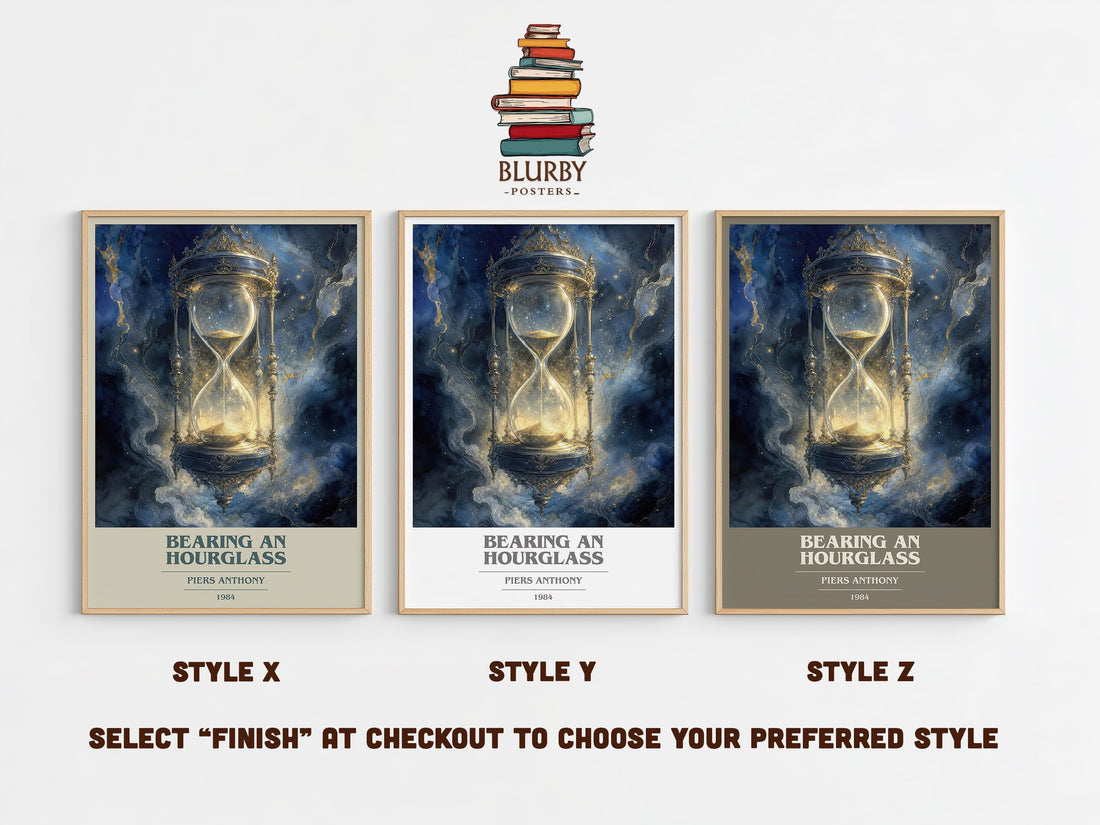Bearing an Hourglass book cover print in frame leaning in hallway – fantasy wall art (mockup)