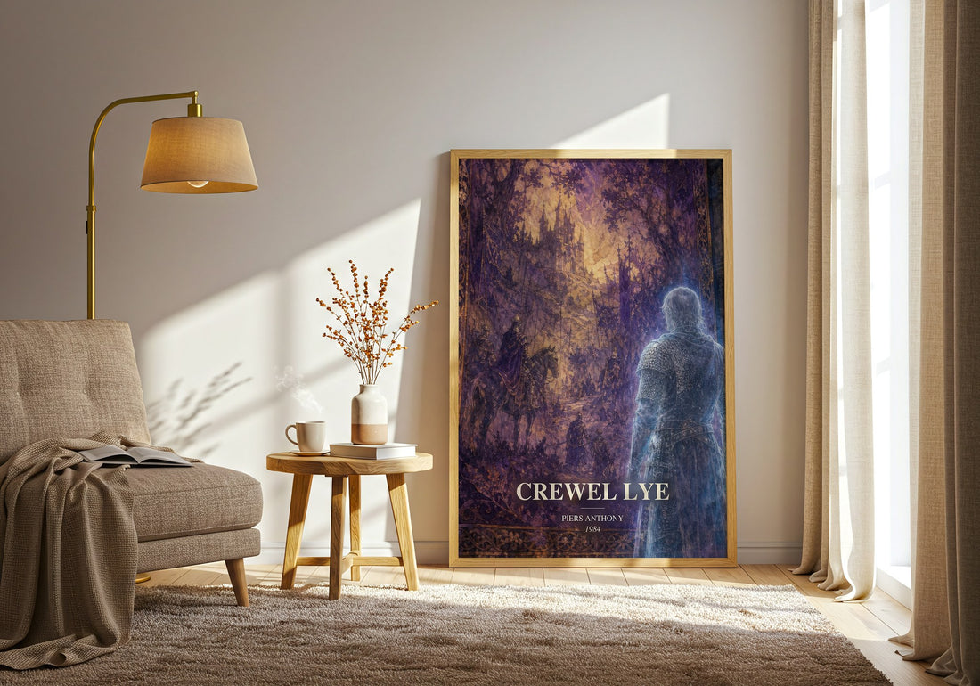 Crewel Lye watercolour print in frame leaning in hallway – fantasy wall art (mockup)