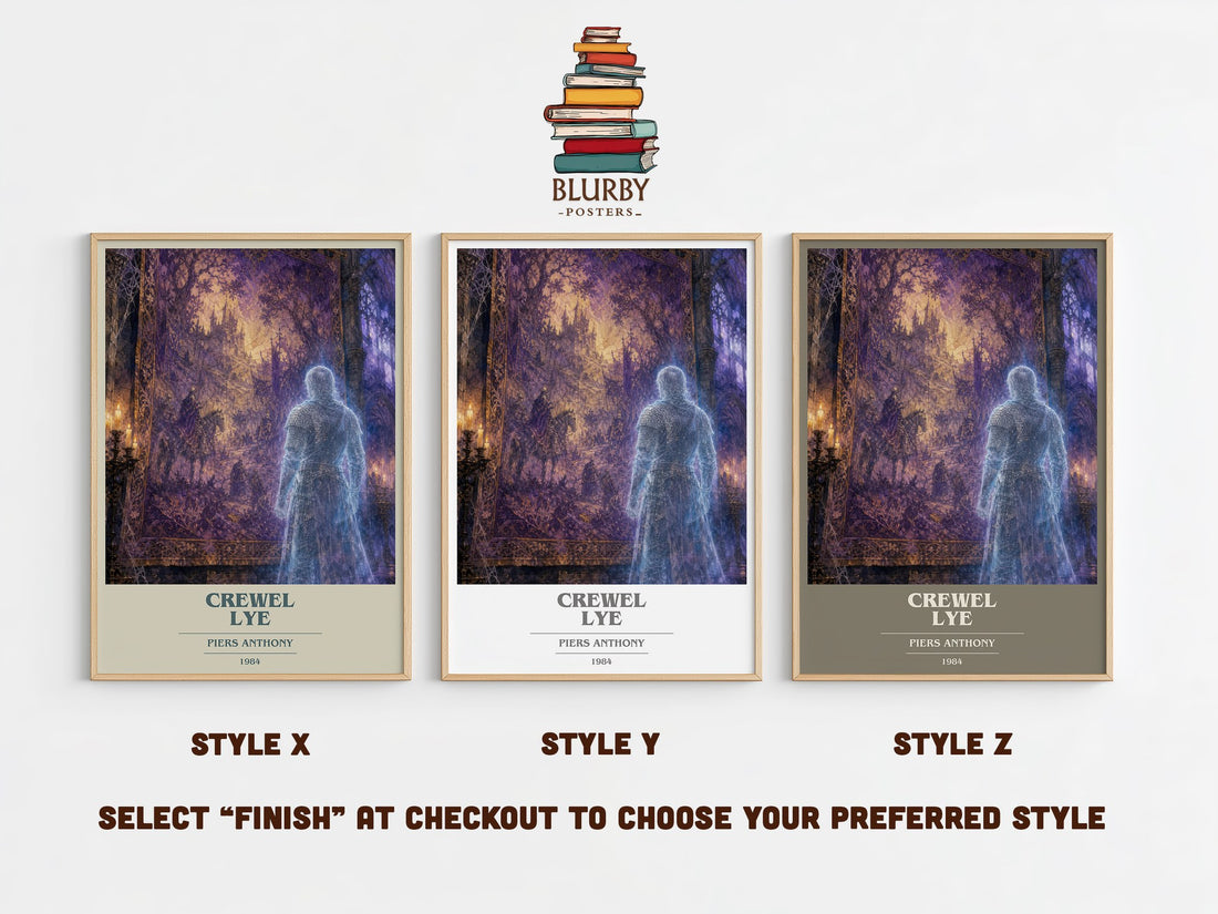 Crewel Lye book cover print in frame leaning in hallway – fantasy wall art (mockup)
