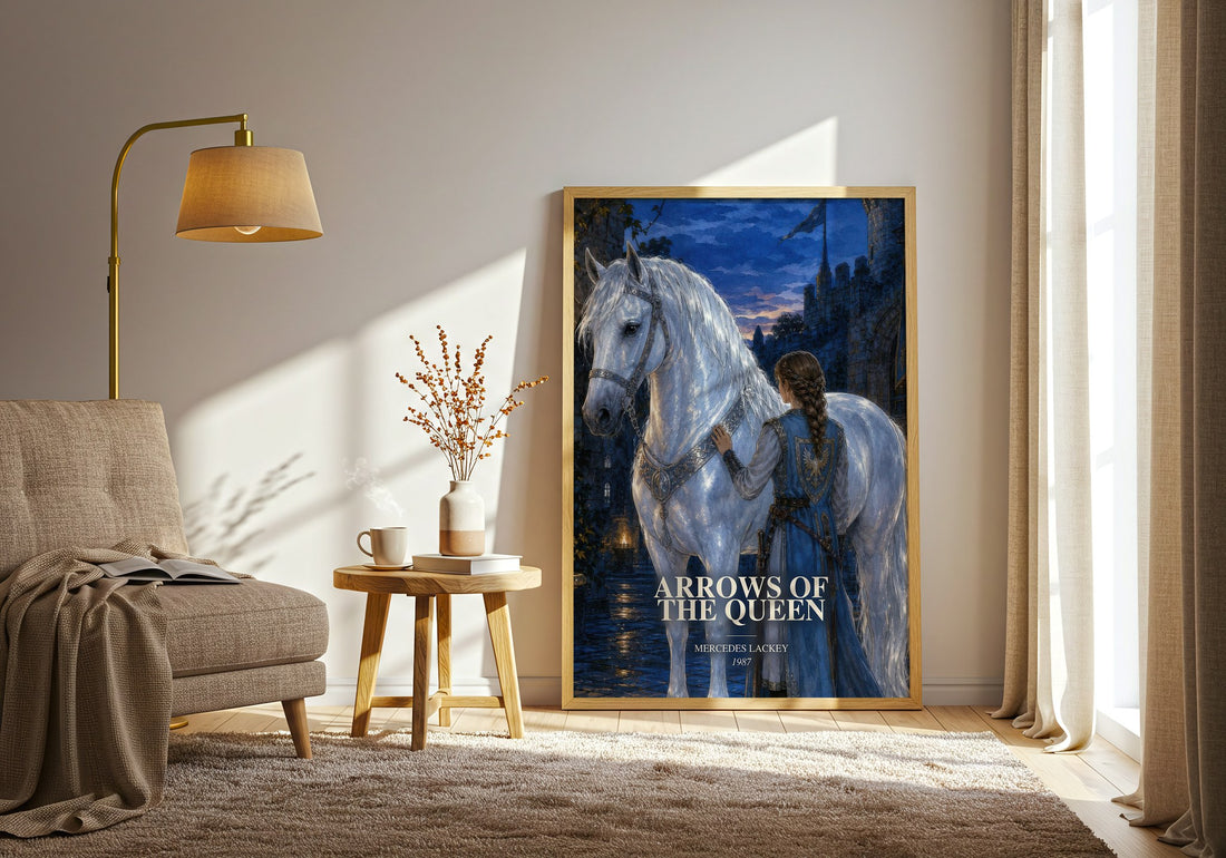 Arrows of the Queen watercolour print in frame leaning in hallway – fantasy wall art (mockup)