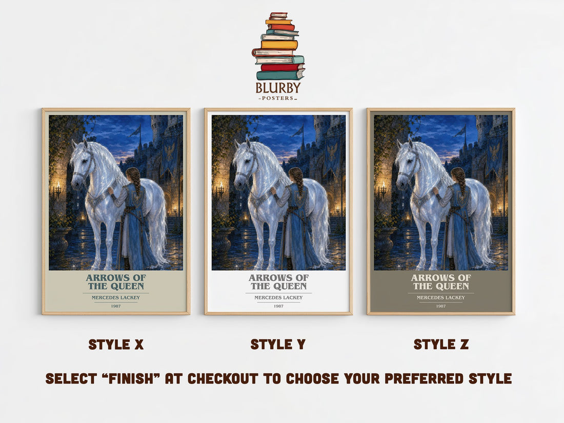 Arrows of the Queen book cover print in frame leaning in hallway – fantasy wall art (mockup)