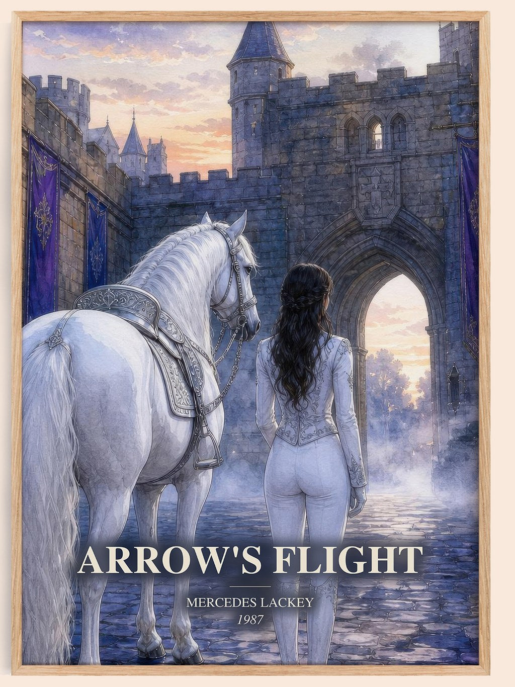 Arrow's Flight watercolour book poster by Mercedes Lackey – framed literary art print