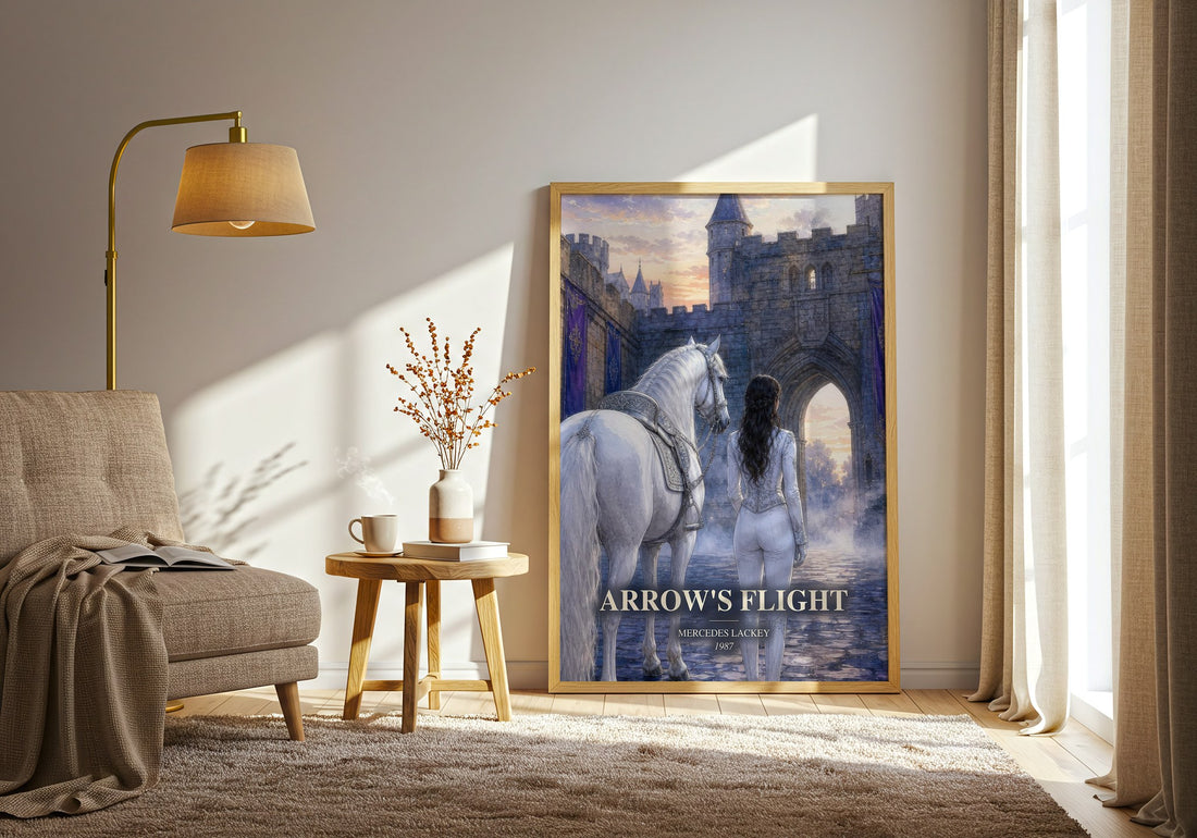 Arrow's Flight watercolour print in frame leaning in hallway – fantasy wall art (mockup)