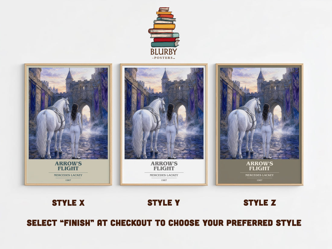 Arrow's Flight book cover print in frame leaning in hallway – fantasy wall art (mockup)