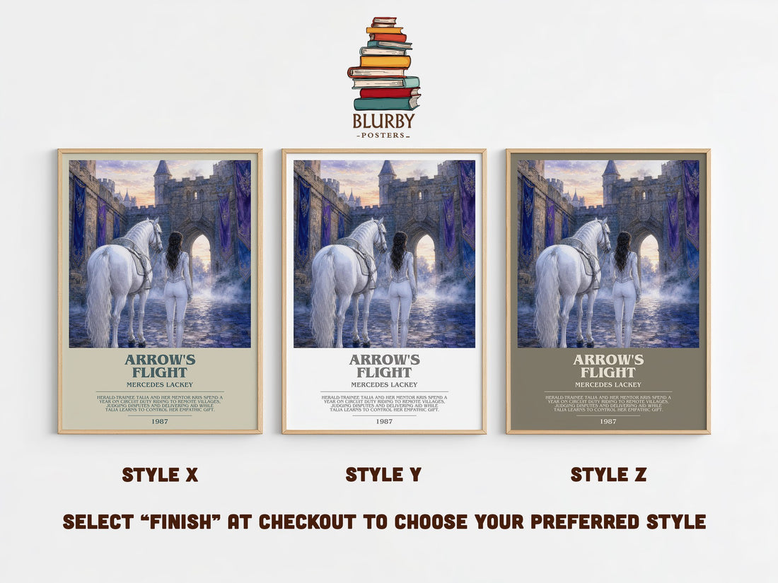 Arrow's Flight bookish print in frame leaning in hallway – fantasy wall art (mockup)