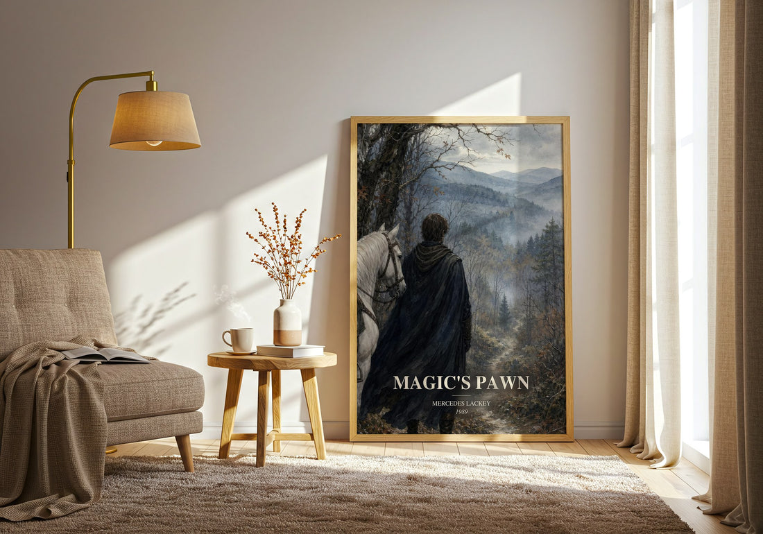 Magic's Pawn watercolour print in frame leaning in hallway – fantasy wall art (mockup)