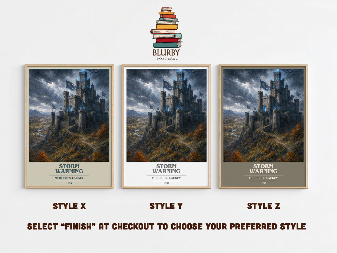 Storm Warning book cover print in frame leaning in hallway – fantasy wall art (mockup)