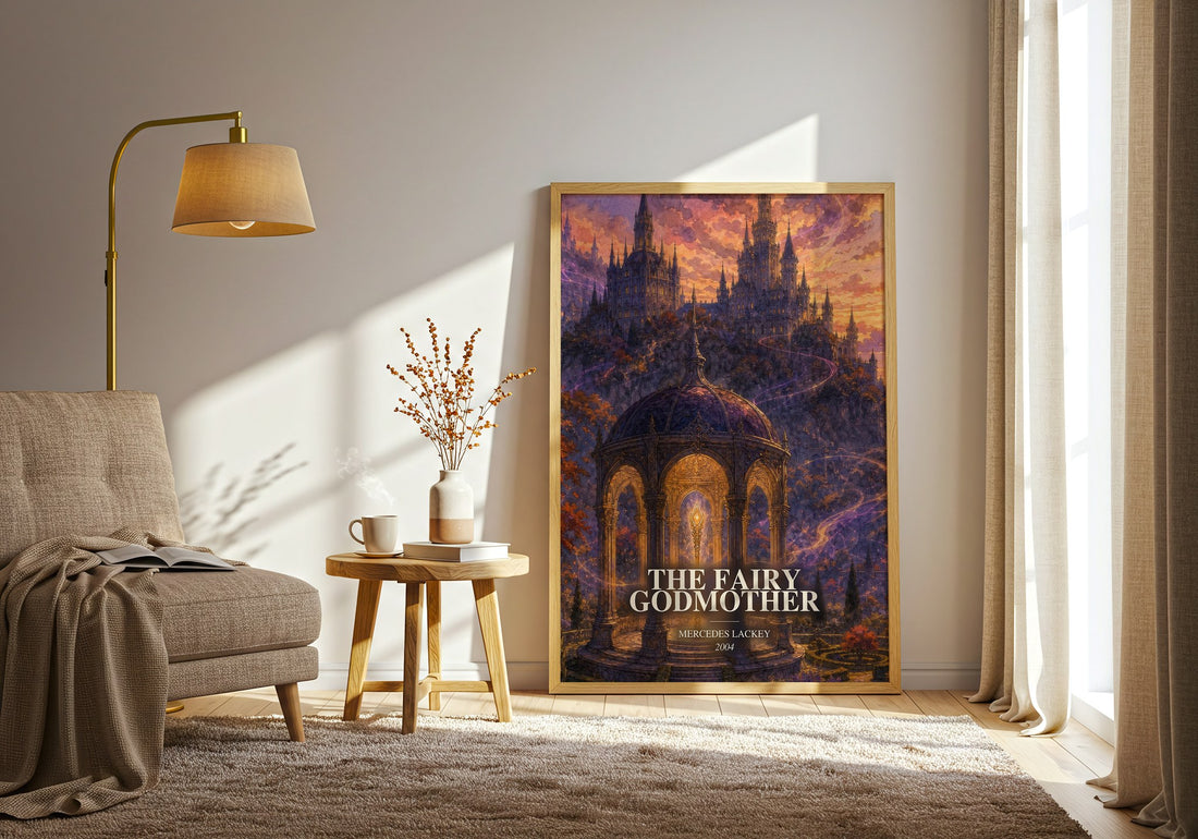The Fairy Godmother watercolour print in frame leaning in hallway – fantasy wall art (mockup)