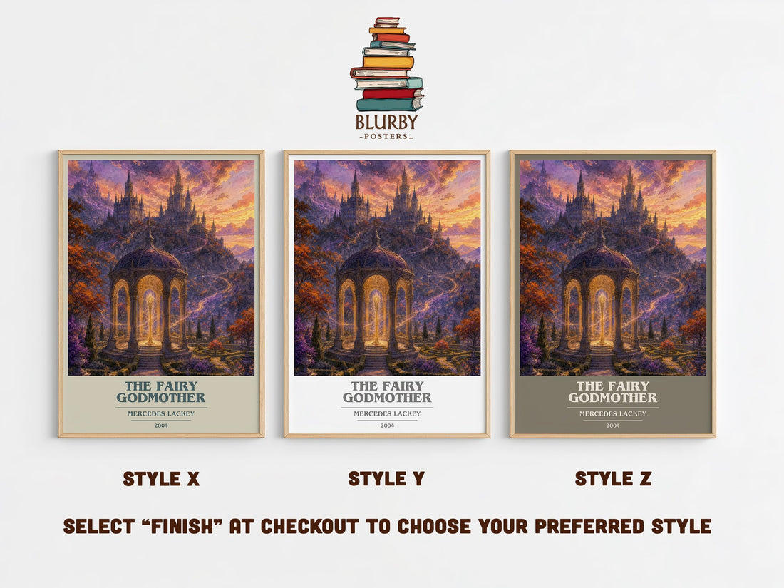The Fairy Godmother book cover print in frame leaning in hallway – fantasy wall art (mockup)