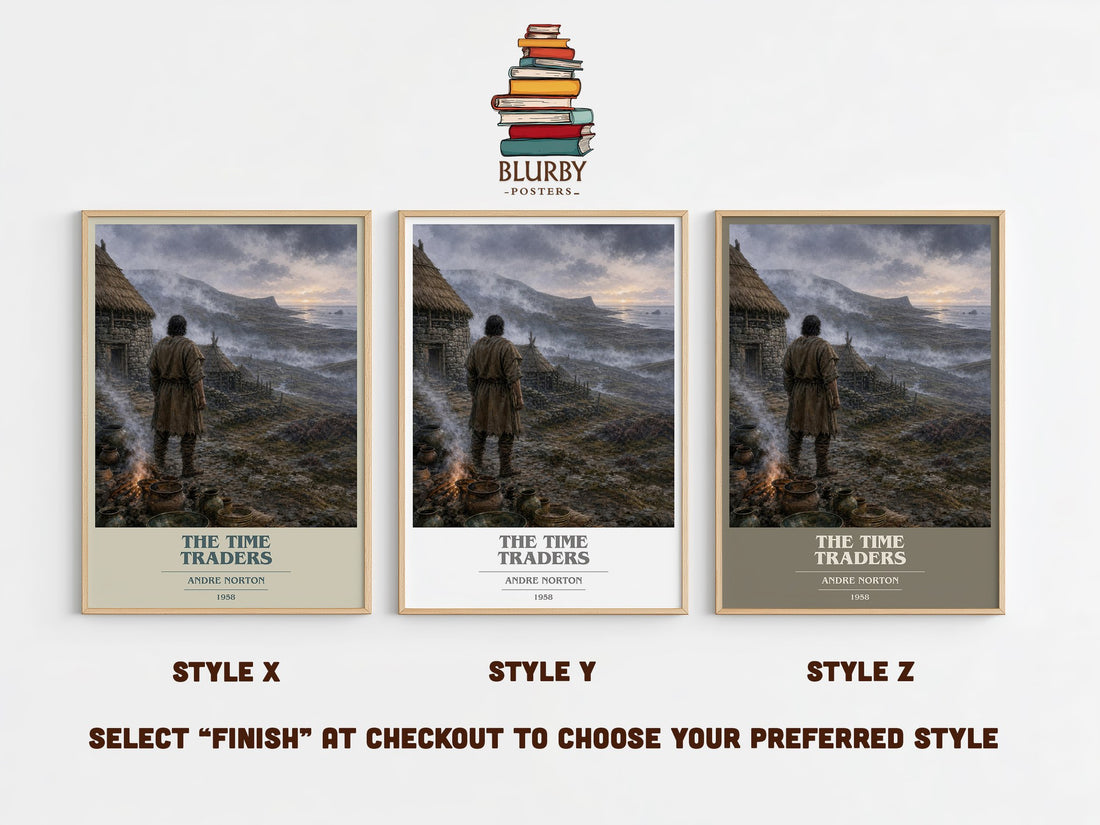 The Time Traders book cover print in frame leaning in hallway – sci fi wall art (mockup)