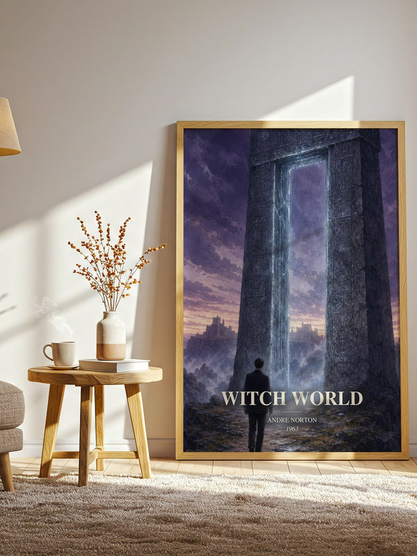 Witch World watercolour print in frame leaning in hallway – fantasy wall art