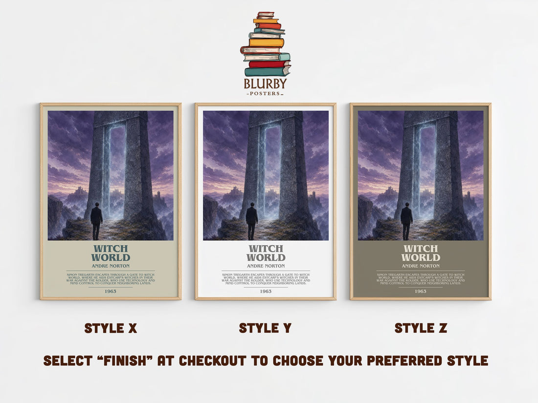 Witch World bookish print in frame leaning in hallway – fantasy wall art (mockup)