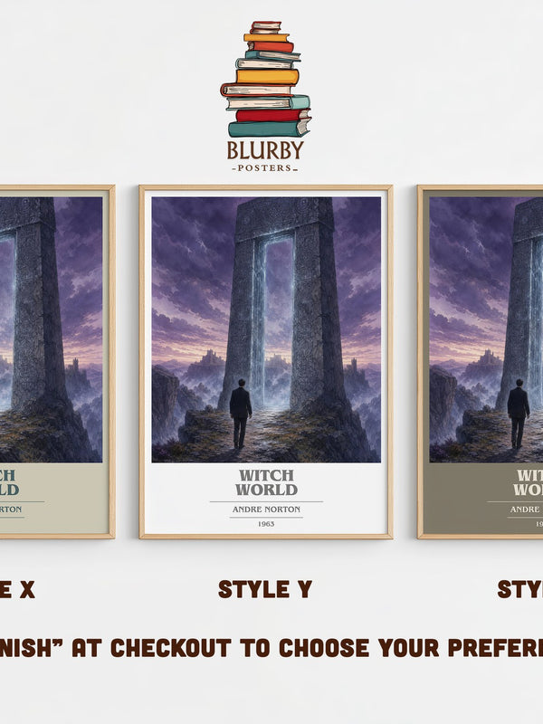 Witch World book cover print in frame leaning in hallway – fantasy wall art