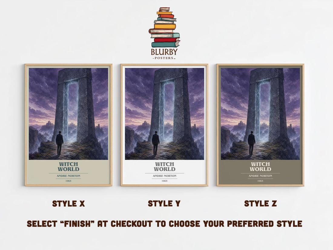 Witch World book cover print in frame leaning in hallway – fantasy wall art (mockup)