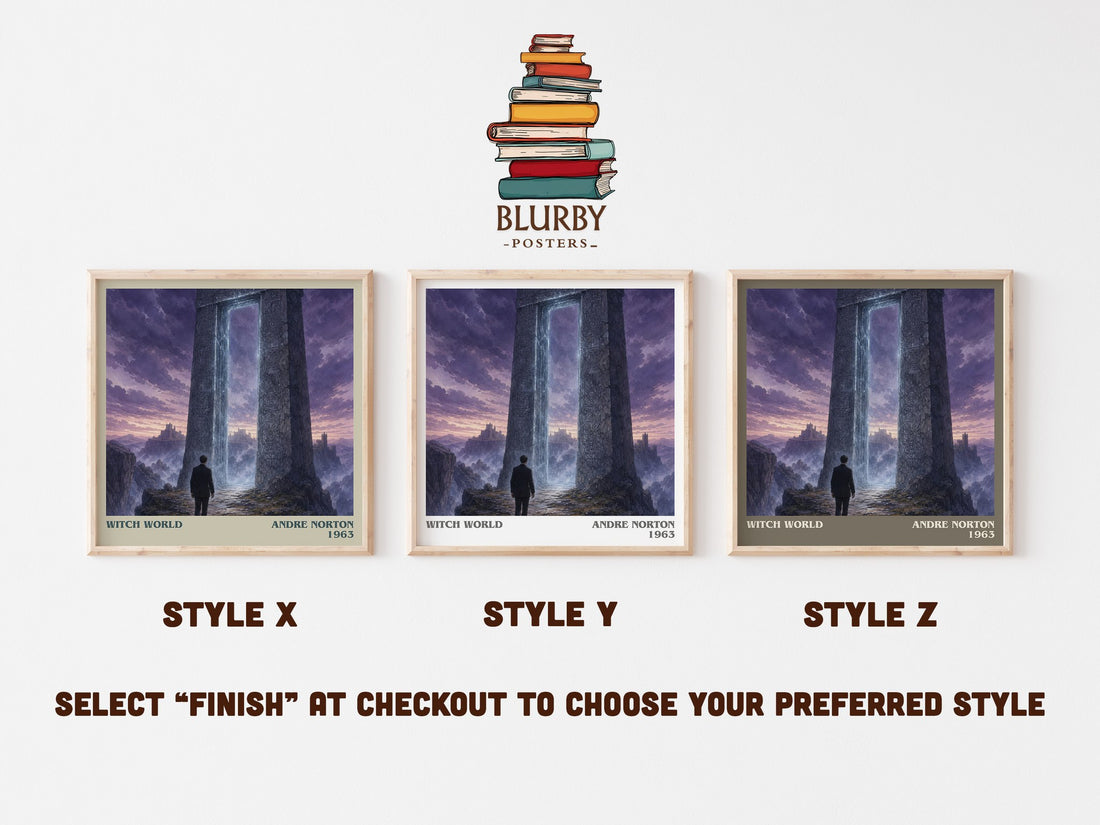 Witch World literary print in frame leaning in hallway – fantasy wall art (mockup)