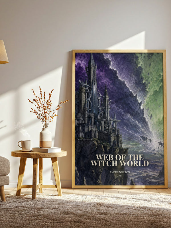 Web of the Witch World watercolour print in frame leaning in hallway – fantasy wall art