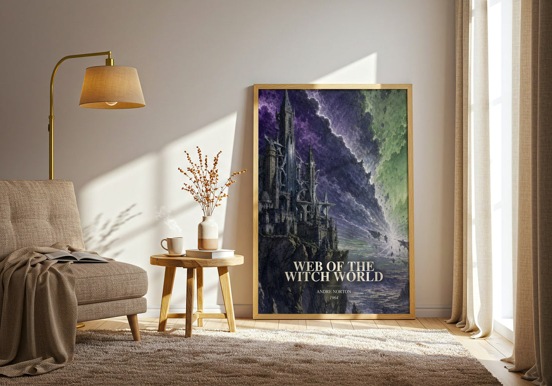 Web of the Witch World watercolour print in frame leaning in hallway – fantasy wall art (mockup)