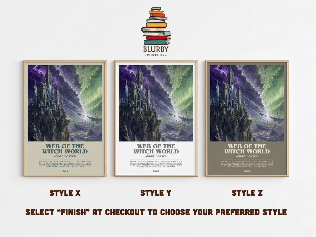 Web of the Witch World bookish print in frame leaning in hallway – fantasy wall art (mockup)