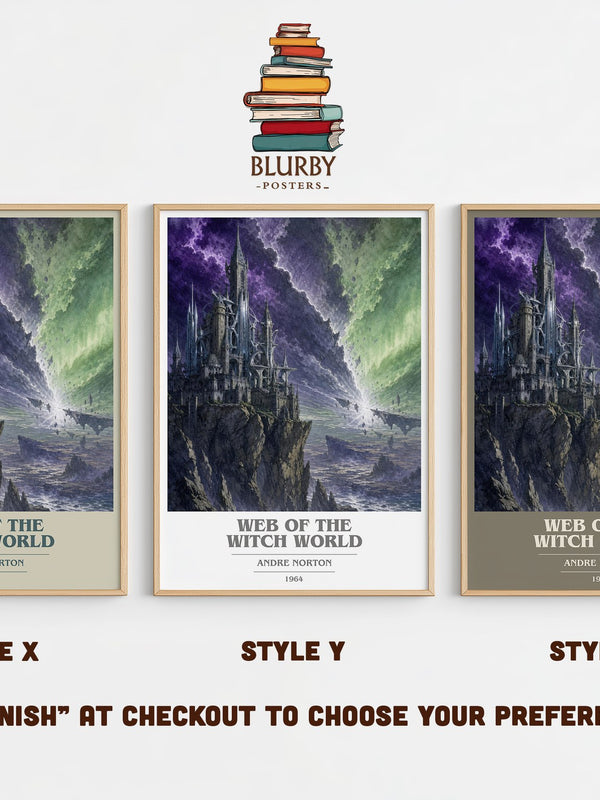 Web of the Witch World book cover print in frame leaning in hallway – fantasy wall art