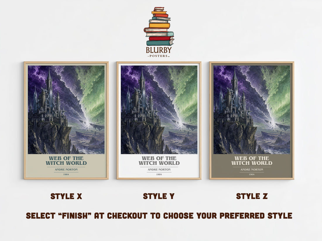 Web of the Witch World book cover print in frame leaning in hallway – fantasy wall art (mockup)