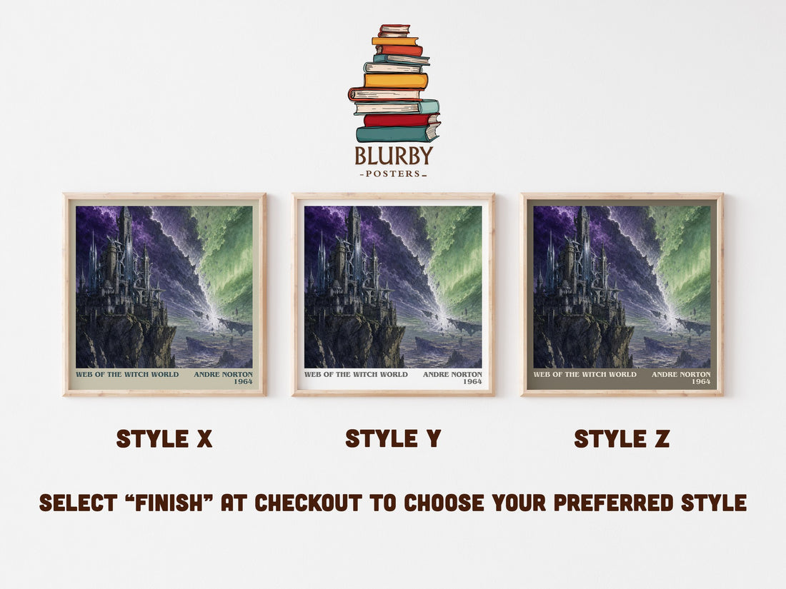 Web of the Witch World literary print in frame leaning in hallway – fantasy wall art (mockup)