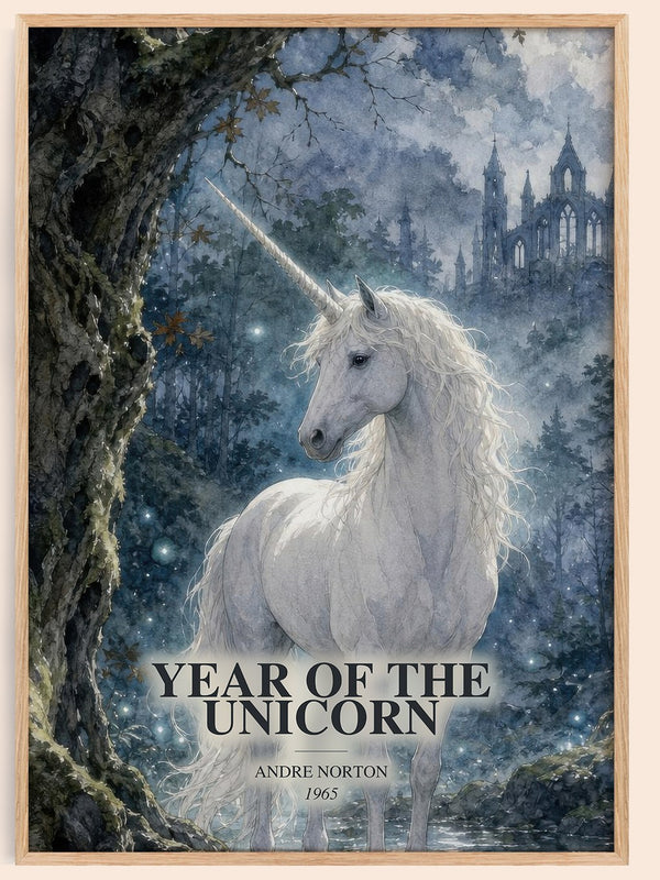 Year of the Unicorn watercolour book poster by Andre Norton – framed literary art print