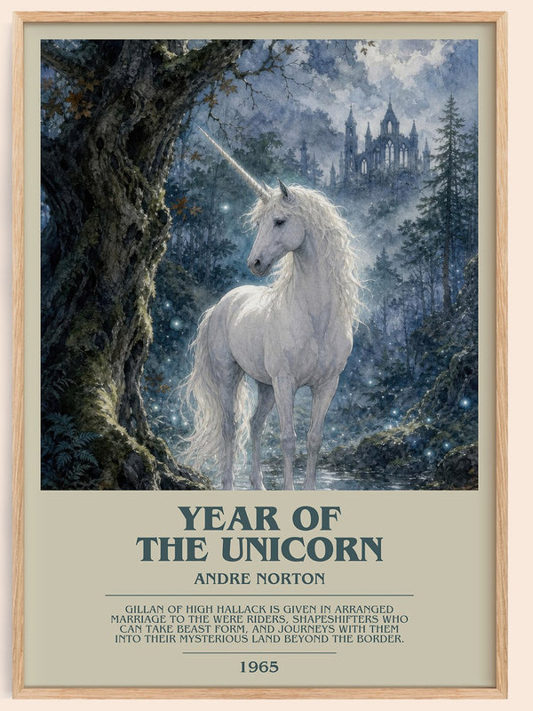 Year of the Unicorn bookish book poster by Andre Norton – framed literary art print