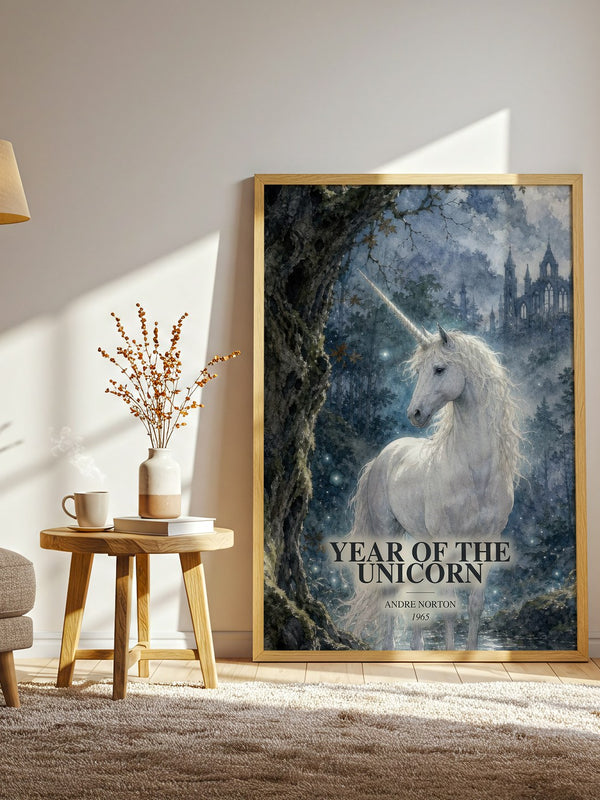 Year of the Unicorn watercolour print in frame leaning in hallway – fantasy wall art