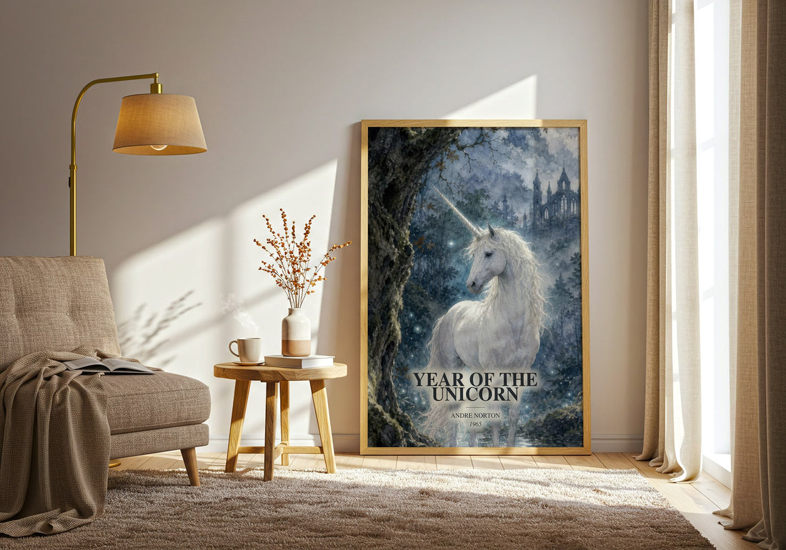 Year of the Unicorn watercolour print in frame leaning in hallway – fantasy wall art (mockup)