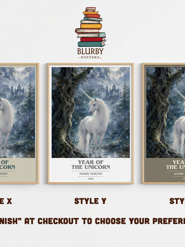 Year of the Unicorn book cover print in frame leaning in hallway – fantasy wall art