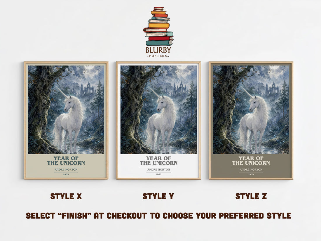 Year of the Unicorn book cover print in frame leaning in hallway – fantasy wall art (mockup)