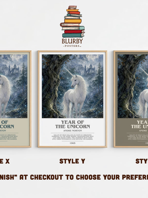 Year of the Unicorn bookish print in frame leaning in hallway – fantasy wall art