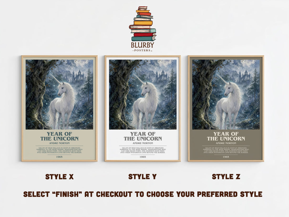 Year of the Unicorn bookish print in frame leaning in hallway – fantasy wall art (mockup)