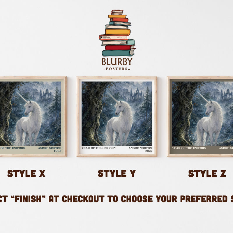 Year of the Unicorn literary print in frame leaning in hallway – fantasy wall art
