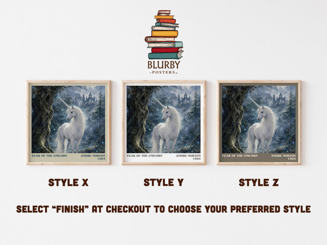 Year of the Unicorn literary print in frame leaning in hallway – fantasy wall art (mockup)