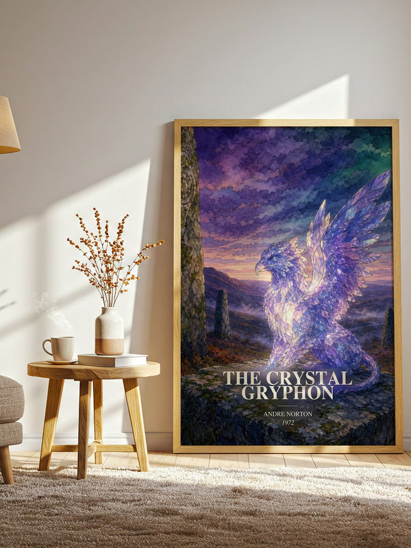 The Crystal Gryphon watercolour print in frame leaning in hallway – fantasy wall art