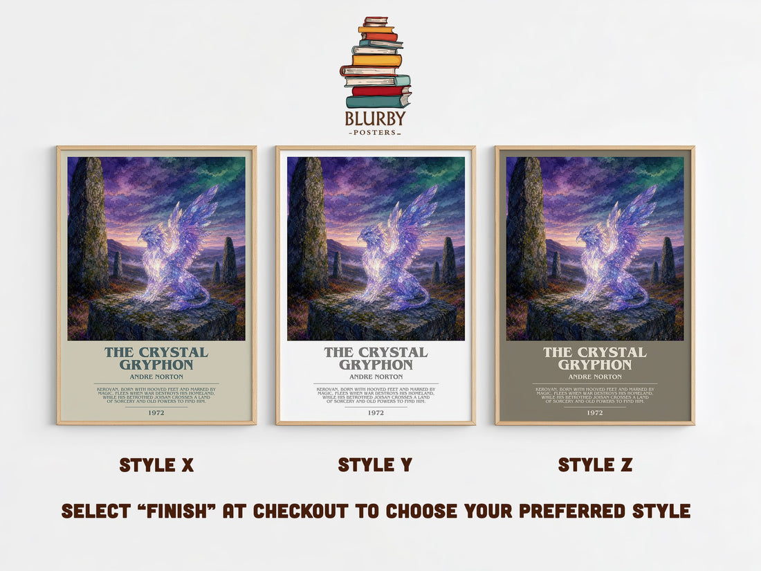 The Crystal Gryphon bookish print in frame leaning in hallway – fantasy wall art (mockup)