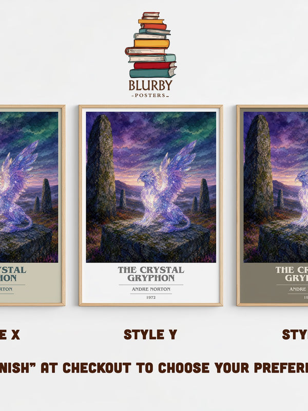 The Crystal Gryphon book cover print in frame leaning in hallway – fantasy wall art