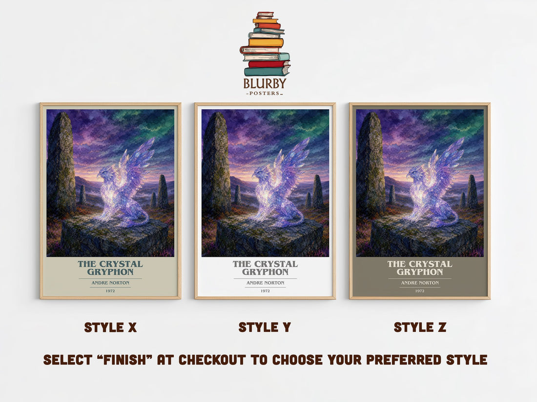 The Crystal Gryphon book cover print in frame leaning in hallway – fantasy wall art (mockup)