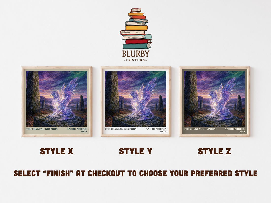 The Crystal Gryphon literary print in frame leaning in hallway – fantasy wall art (mockup)