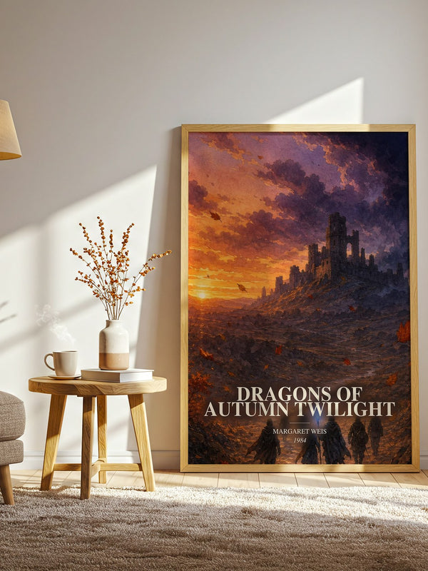 Dragons of Autumn Twilight watercolour print in frame leaning in hallway – fantasy wall art