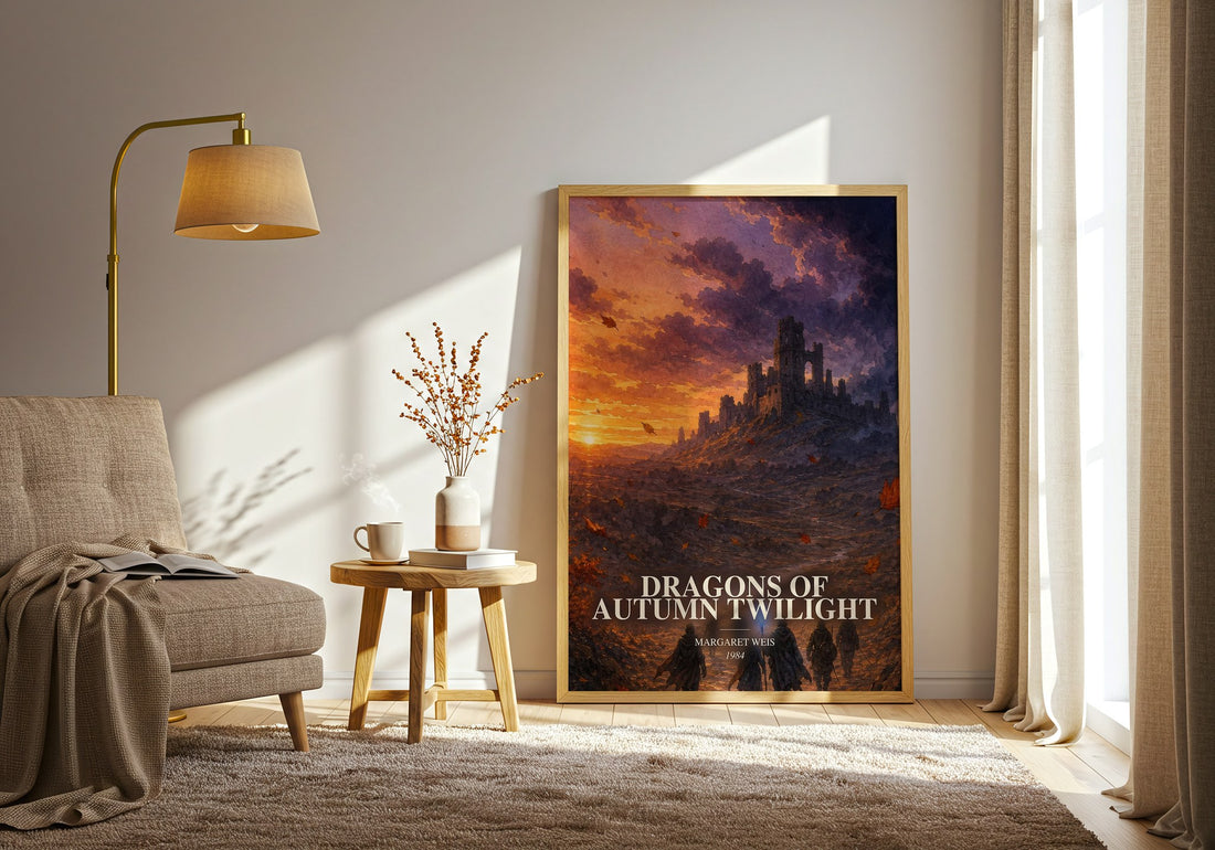 Dragons of Autumn Twilight watercolour print in frame leaning in hallway – fantasy wall art (mockup)