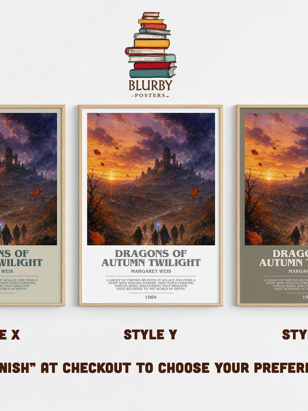 Dragons of Autumn Twilight bookish print in frame leaning in hallway – fantasy wall art
